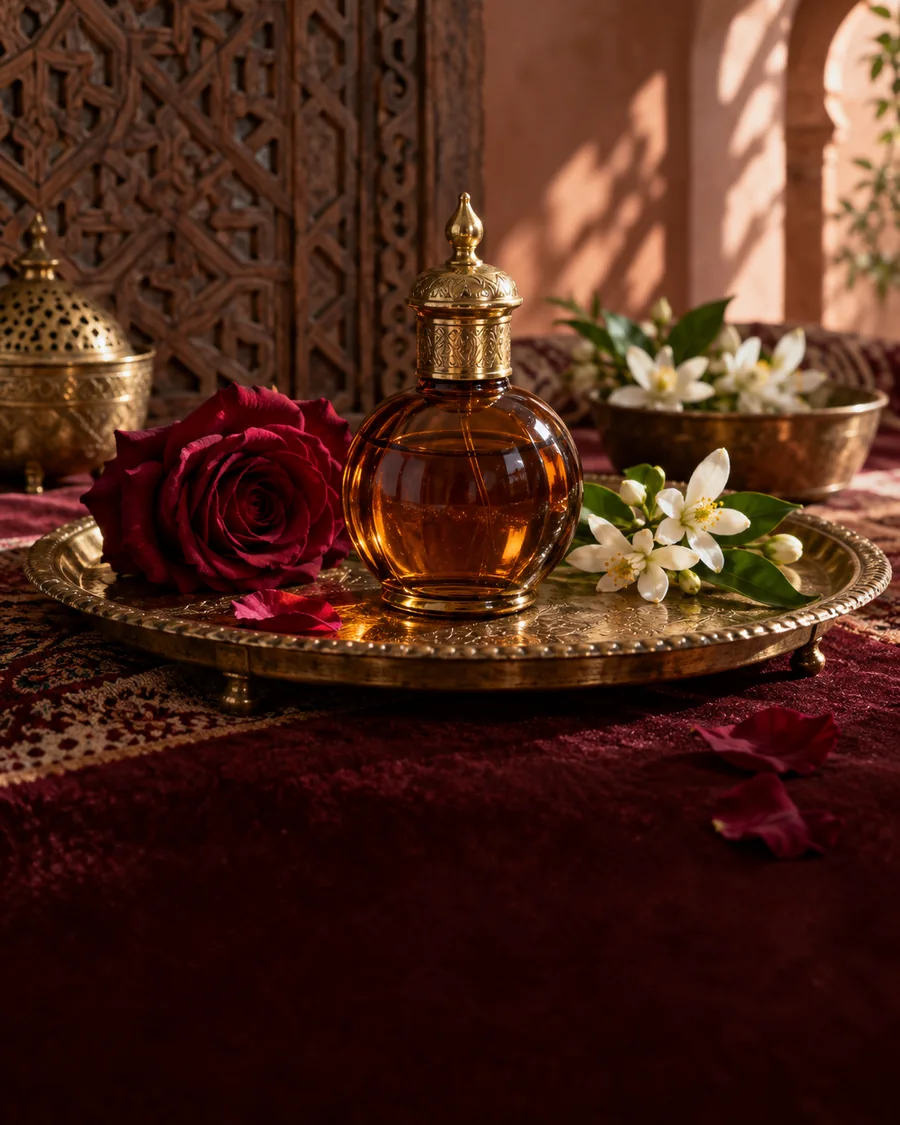 قنينة عطر وورود على صينية نحاسية مغربية