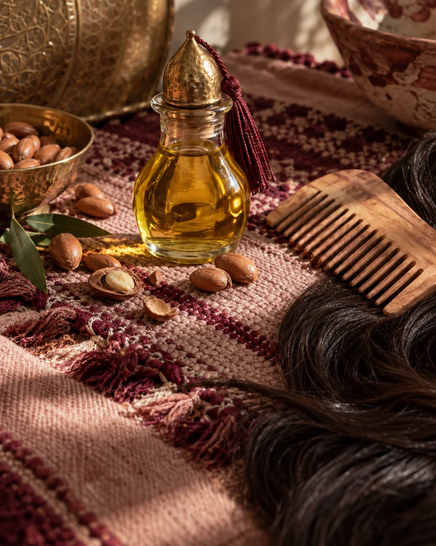 زيت الأركان ومشط تقليدي على نسيج مغربي